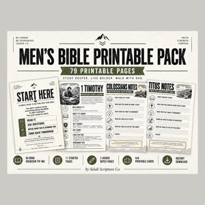 Può includere: Un pacchetto digitale stampabile con 79 pagine per lo studio biblico. Il design include una guida introduttiva, istruzioni per 1 Timoteo, note su Colossesi e Tito con testo nero su sfondo crema. Include icone e grafiche di montagne.