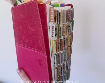 Biblia NVI rosa de letra grande para tomar notas, con pestañas, páginas para notas y oraciones.