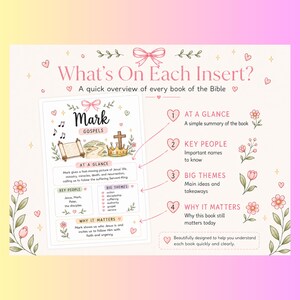 May include: A beige informational chart titled What's On Each Insert? featuring a sample page for the book of Mark. The layout includes sections for At A Glance, Key People, Big Themes, and Why It Matters, decorated with pink hearts, bows, and floral illustrations.