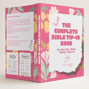 May include: A pink book titled The Complete Bible Tip-In Book with a floral pattern. The cover features 94 cut-out Bible study inserts, text about the collection, and the Selah Scripture Company logo with a bow icon on a white background.