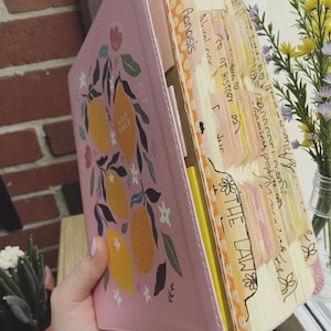 May include: A pink Bible with a lemon and floral design. The cover reads "Holy Bible." The pages are open, revealing handwritten notes and tabs. A yellow pen is visible. The Bible is held near a window with flowers.
