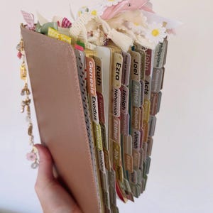 May include: A pink Bible with labeled tabs, featuring a decorative top with daisies, ribbons, and lace. The tabs are color-coded and labeled with book names like Genesis, Exodus, and John. A charm hangs from the side.