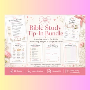 Puede incluir: Un paquete de Bible Study Tip-In con insertos imprimibles para el estudio bíblico, la oración y el diario. La colección incluye páginas tituladas How to Use This Bible, Prayer Prompts, Who Is God?, Spiritual Disciplines, Verse Mapping y un Bible Reading Tracker, decorados con lazos rosas y detalles florales.