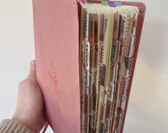 Biblia ESV rosa precargada con pestañas y notas manuscritas, regalo cristiano