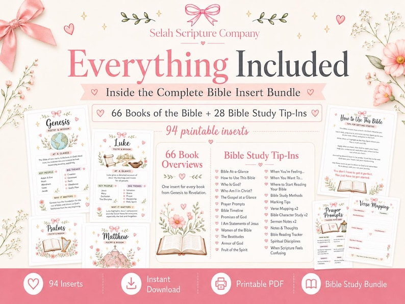 May include: A digital Bible study insert bundle by Selah Scripture Company featuring 94 printable pages. Includes 66 book overviews, 28 study tip-ins, and guides for verse mapping and prayer prompts, decorated with pink floral accents and bows.