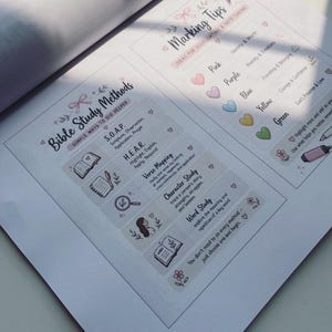 May include: A printed guide titled Bible Study Methods and Marking Tips. The page features sections on S.O.A.P., H.E.A.R., Verse Mapping, Character Study, and Word Study, alongside a color-coded key for highlighting themes like Identity, Anxiety, and Love.