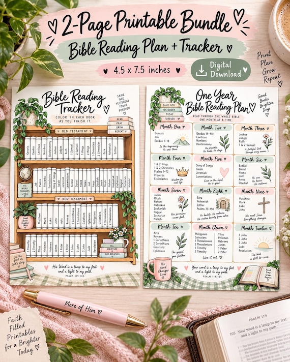 One Year Bible Reading Plan & Tracker Bundle, Chronological Scripture Study (Digital Download)