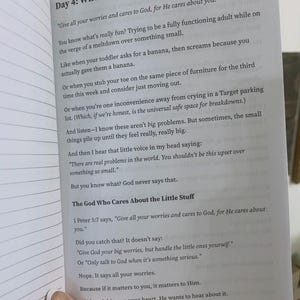 May include: Open book with text on a white page. The title reads "When the Small Things Feel Big." The text discusses worries and God's care, referencing 1 Peter 5:7. The book is part of the "Holy Shenanigans: Grace, Grief & Laughing Anyway" series.