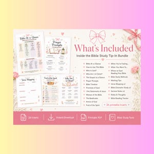 May include: A digital Bible study tip-in bundle featuring 26 printable inserts. The layout displays pages titled Bible At-a-Glance, Prayer Prompts, Verse Mapping, Fruit of the Spirit, and Who Am I in Christ, decorated with pink bows and floral accents.
