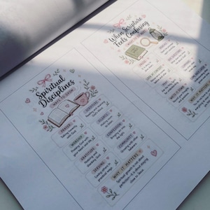 May include: A printed page featuring two sections titled Spiritual Disciplines and When Scripture Feels Confusing. The text includes lists of practices like prayer, worship, and scripture reading, decorated with small illustrations of books, mugs, and flowers in soft pink and green tones.