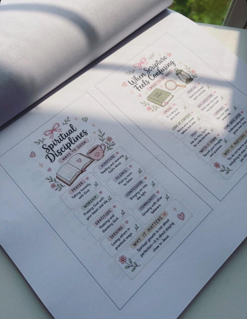 May include: A printed page featuring two sections titled Spiritual Disciplines and When Scripture Feels Confusing. The text includes lists of practices like prayer, worship, and scripture reading, decorated with small illustrations of books, mugs, and flowers in soft pink and green tones.