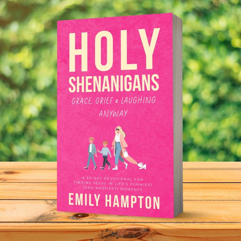 May include: A hardcover book titled "HOLY SHENANIGANS" with a bright pink cover. The book features the text "GRACE, GRIEF & LAUGHING ANYWAY" and "A 30-DAY DEVOTIONAL FOR FINDING JESUS IN LIFE'S FUNNIEST (AND MESSIEST) MOMENTS" by Emily Hampton.