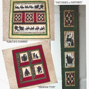 May include: A collection of three quilted wall hangings titled Christmas Magic, Santa's Coming, and Silhouettes. The designs feature black silhouettes of Santa, reindeer, and trees on cream fabric, framed with red, green, and black patchwork borders.