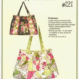 May include: A sewing pattern titled Purse-O-Nalities of Palm Harbor #121, To Patch or Not to Patch Purse-O-Nality. It displays two tote bags made from floral and patchwork fabric, featuring handles, side pockets, and a button closure, with 17" W x 12" H x 3.5" D.