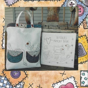 May include: A white quilted tote bag and a matching memory book. The tote features two pockets with blue and gray patterned fabric. The memory book has embroidered sewing-themed illustrations. The image includes the text "PLAIN JANE CREATIONS" and "STITCHER'S MEMORY BOOK".