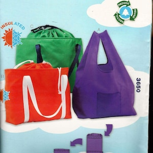May include: A sewing pattern for various bags, including a purple tote bag, a green drawstring bag, and an orange tote bag with white handles. The pattern is labeled "KWIK SEW" and includes instructions for insulated bags.