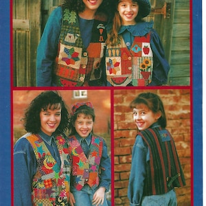May include: A retro advert showcasing patchwork vests for mothers and children. The vests are brightly coloured, with diverse patterns. The image includes the text "Moms & Kids 'Loose - Threads' Vest" and "K.P. Kids & Co."