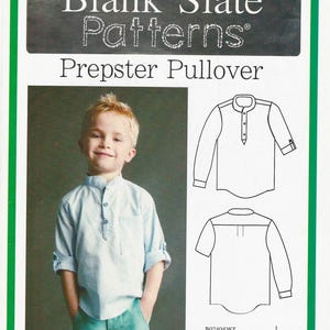 May include: A sewing pattern envelope for the Blank Slate Patterns Prepster Pullover, model F740, featuring a light blue long-sleeve shirt with a mandarin collar, button placket, and chest pocket, with line drawings of the front and back views.