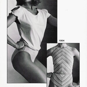 May include: Black and white image of a vintage sewing pattern for designer bodywear. The pattern includes images of a woman wearing a white top and gray bottoms, and a striped top and bottom. Text includes "prime moves", "Misses Sizes S, M, L Included", and "designer bodywear".
