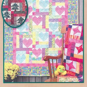 May include: A quilt pattern titled HeartStrings #305 by PineTree Lodge Designs. The image displays a patchwork quilt featuring pastel heart motifs, a border of colorful squares, and a circular inset showing a tree-themed fabric pattern.