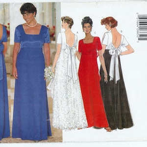 Könnte beinhalten: Ein Butterick-Schnittmuster mit formellen Kleidern. Die Designs umfassen ein blaues Kleid mit Schleife, ein blaues Kleid mit quadratischem Ausschnitt, ein weißes Spitzenkleid, ein rotes Kleid und ein schwarz-weißes Kleid. Die Musternummer ist 5318.