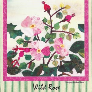 May include: A pattern booklet titled A Walk in the Mountains featuring a collage of pink wild roses, green leaves, and red rose hips. The cover includes the text Wild Rose, Piece O' Cake Designs, Inc., 301 Handicap Avenue, Pagosa Springs, CO 81147.