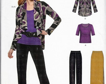 Modello New Look JUST4KNITS 6315 Donna - Taglie 10-22: giacca, top, pantaloni alla caviglia, gonna alla caviglia con spacco laterale. Condizioni perfette.