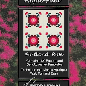May include: A package for Appli-Peel Portland Rose applique templates. The design features four floral patterns with red and pink flowers, green leaves, and a cream background. The package contains a 30.48 cm pattern.