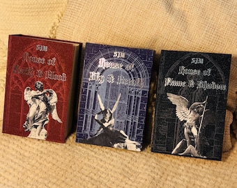 May include: Three hardcover books with gothic-style illustrations. The books are in shades of red, blue, and black. Each book features an angel or statue design and the text "SJM House of..." in a decorative font.