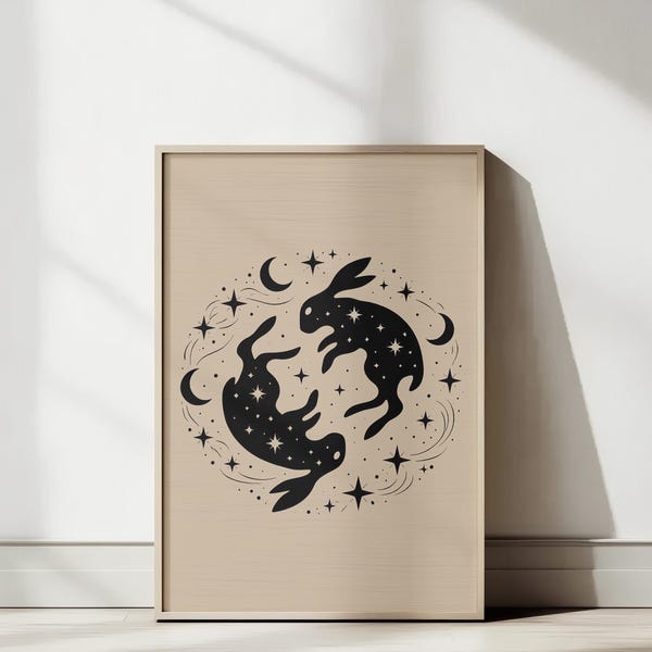 Celestial Rabbit Wall Art - Moon and Stars Printable, Mystical Bunny Illustration, Minimal Black and Beige Print, Nursery Decor