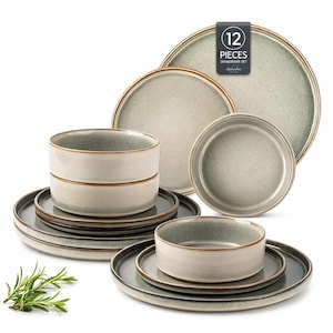 12-delige serviesset van reactief geglazuurd aardewerk – rustieke groene borden en schalen