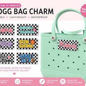 May include: A mint green tote bag with a rectangular black and white checkered charm attached. The charm features the pink text Mama. Additional charm designs are displayed to the left, including text like beach please, Wifey, SUN SHINE, Girl Mom, and GAME DAY.
