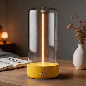 Peut inclure: Une lampe de table moderne avec un abat-jour cylindrique en verre et une base jaune vif. La lampe présente une source de lumière verticale et un bouton marche/arrêt simple. Le design est minimaliste et contemporain.