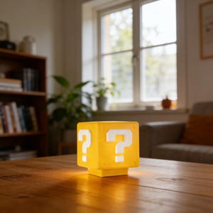 May include: A yellow cube-shaped lamp with white question marks on two sides. The lamp is on a wooden table in a living room setting. The lamp is lit, casting a warm glow.