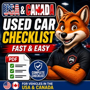 May include: A digital graphic for a used car checklist for the USA and Canada. The image features a cartoon fox wearing a black shirt, the text "USED CAR CHECKLIST FAST & EASY", and a PDF icon. The image also includes the flags of the USA and Canada.