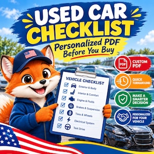 May include: A digital used car checklist document featuring a cartoon fox wearing a blue hoodie and cap, holding a clipboard with a vehicle inspection list. The text reads USED CAR CHECKLIST, Personalized PDF Before You Buy, and VEHICLE CHECKLIST.