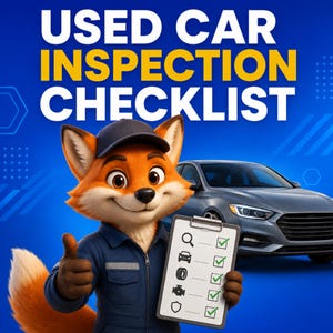 May include: A cartoon fox wearing a blue mechanic uniform and cap, giving a thumbs up while holding a clipboard with a checklist. The text USED CAR INSPECTION CHECKLIST is at the top. A gray sedan is visible in the background on a blue backdrop.