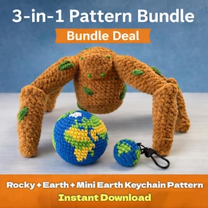 Puede incluir: Un paquete de patrones de crochet con una criatura marrón con forma de araña con detalles verdes, un globo terráqueo azul y verde y un mini llavero de la Tierra. El texto dice "3-en-1 Pattern Bundle" y "Rocky + Earth + Mini Earth Keychain Pattern".