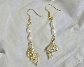 Gold Seashell Earrings, Pearl Dangle Earrings, Sterling Silver Hooks, Ocean Mermaid Jewelry, Nature Inspired earrings, Seacoast Jewelry