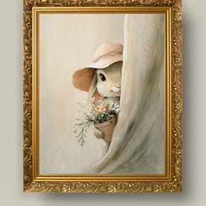 May include: A framed print featuring a charming illustration of a bunny wearing a hat and holding a pot of flowers. The bunny peeks out from behind a curtain. The frame is ornate with a gold finish.
