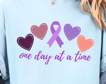 One Day At A Time Pancreatic Cancer Shirt, Purple Ribbon Awareness T-Shirt, Cancer Support Tee