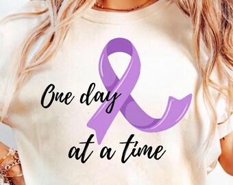 One Day At A Time Pancreatic Cancer Shirt, Purple Ribbon Awareness T-Shirt, Cancer Survivor Tee