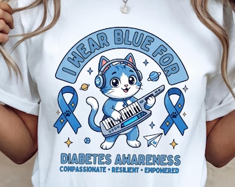 I Wear Blue For Diabetes Awareness Shirt, Cat Blue Ribbon T-Shirt, Diabetic Mom Gift