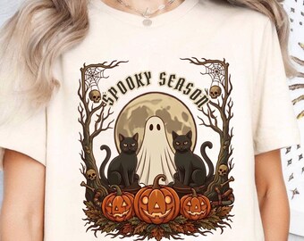 Spooky Season Black Cats Shirt, Ghost and Pumpkin Halloween T-Shirt, Retro Spooky Jack-o-Lantern Tee
