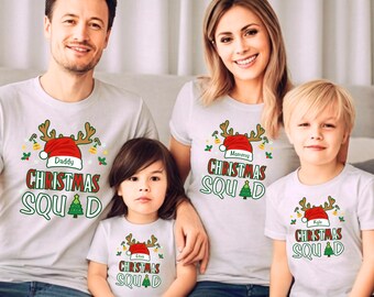 Custom Christmas Squad Family Shirt, Personalized Name Santa Hat T-Shirt, Matching Xmas Party Gift