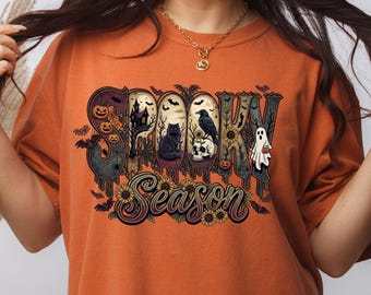 Spooky Season Halloween Shirt, Raven Skull Black Cat Gothic T-Shirt, Vintage Autumn Sunflower Tee