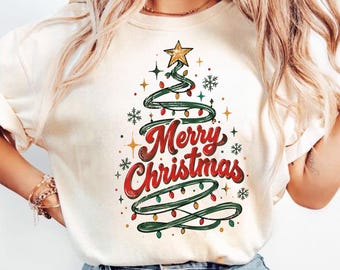 Merry Christmas Tree Lights Shirt, Vintage Holiday Lights Graphic T-Shirt, Festive Xmas Party Tee