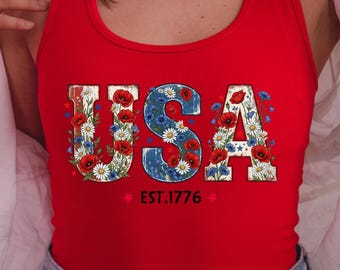 America Est. 1776 Shirt, USA Anniversary Racerback Tank Top, Floral Summer US T-Shirt