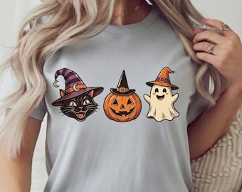 Vintage Halloween Trio Shirt, Black Cat Pumpkin Ghost T-Shirt, Spooky Season Witchy Cat Tee