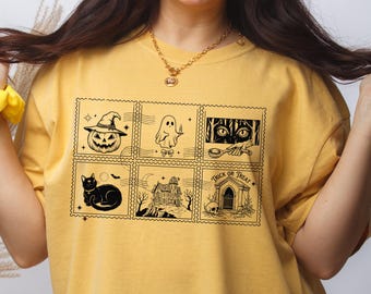 Vintage Halloween Stamps Shirt, Ghost Black Cat Pumpkin T-Shirt, Spooky Season Postcard Tee